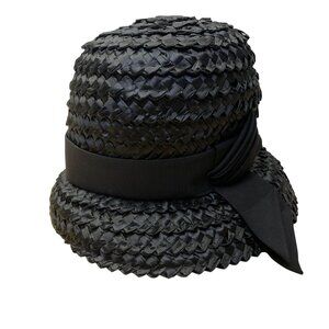 Vintage Amy NY Womens Black Straw Hat Woven Design Medium Julius Garfinkel & Co